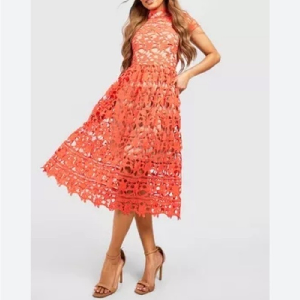Boohoo coral lace overlay funnel neck skater dress, Sz. 8
